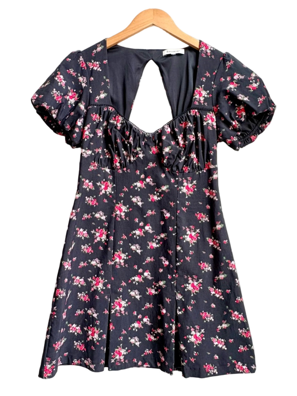 Francesca’s Little Black ditsy Floral Bustier puff sleeve Mini Dress emo goth